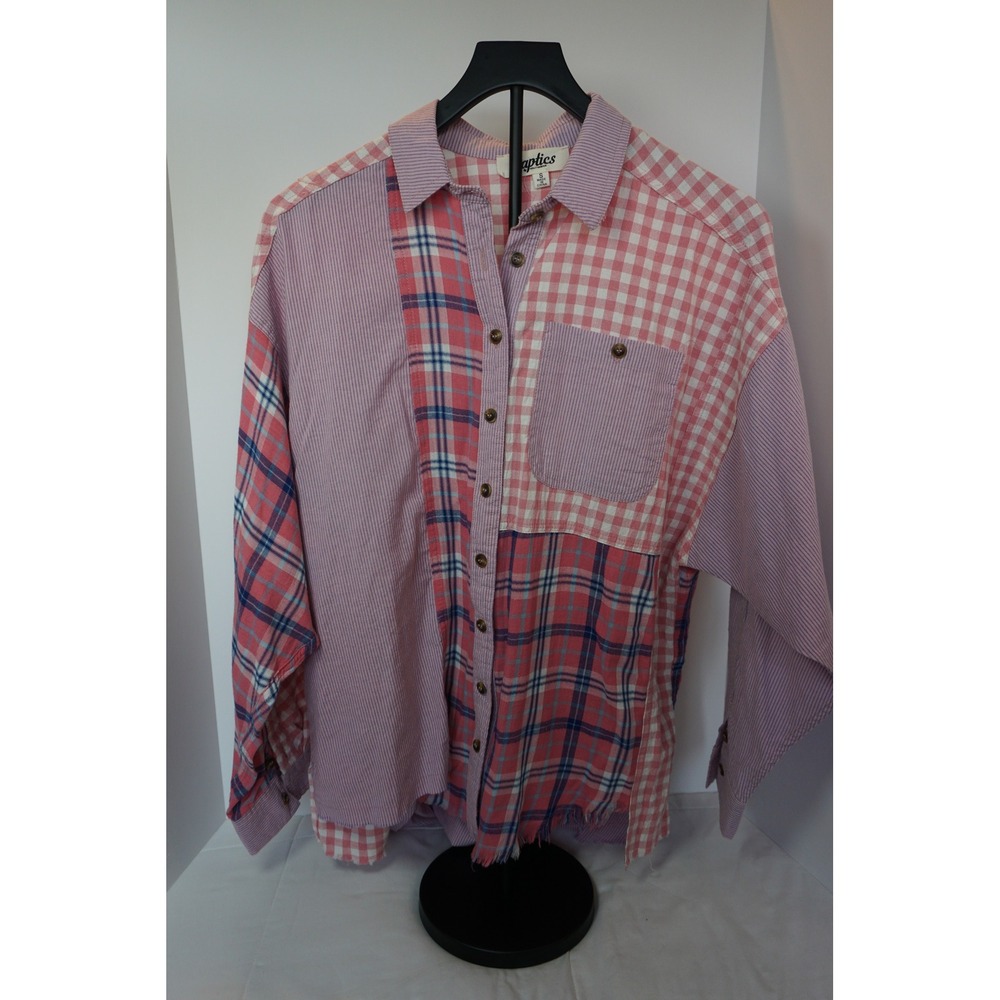 Haptics Holly Harper Patchwork Plaid Gingham Striped Shirt Pink Blue S HCT3134B